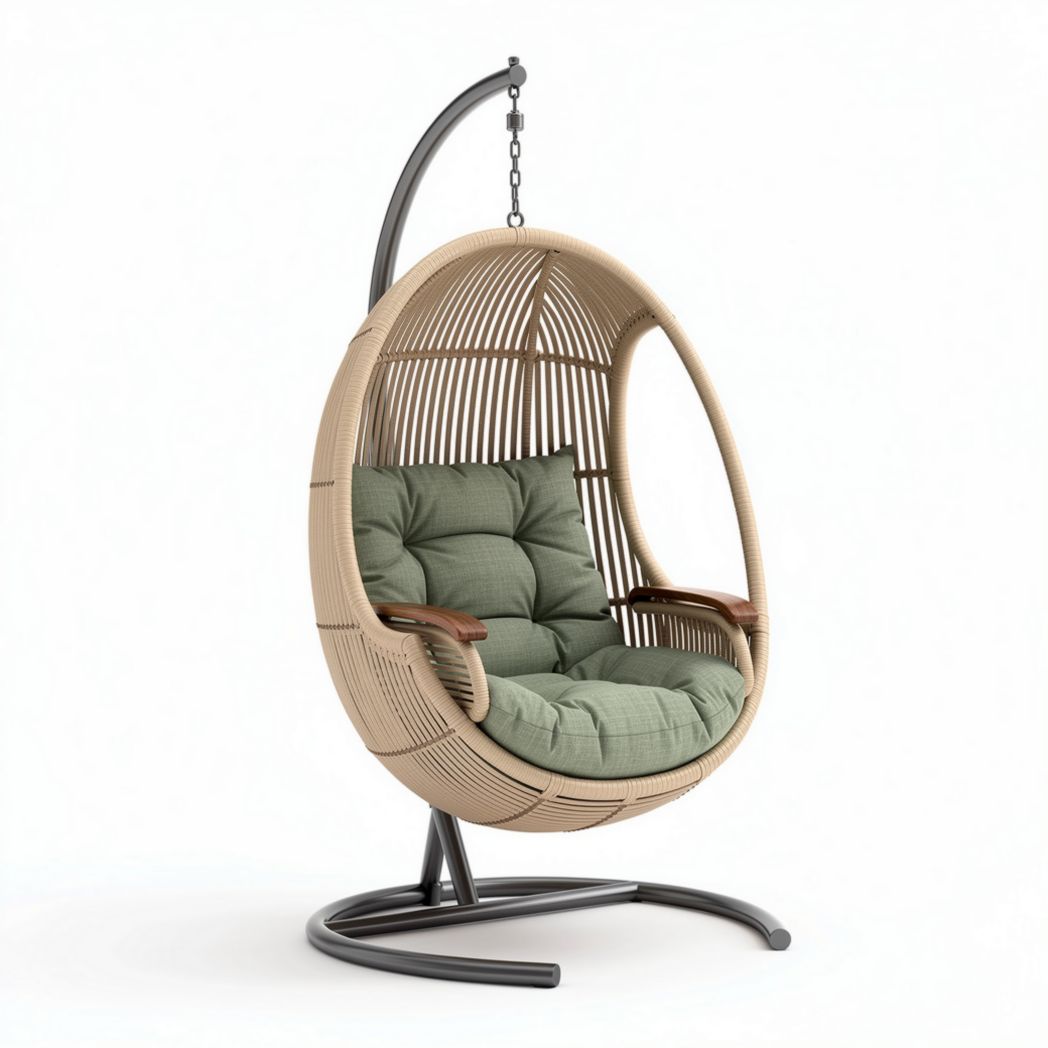 Hangstoel van rotan met groene kussens en metalen standaard 100 x 80 x 115cm