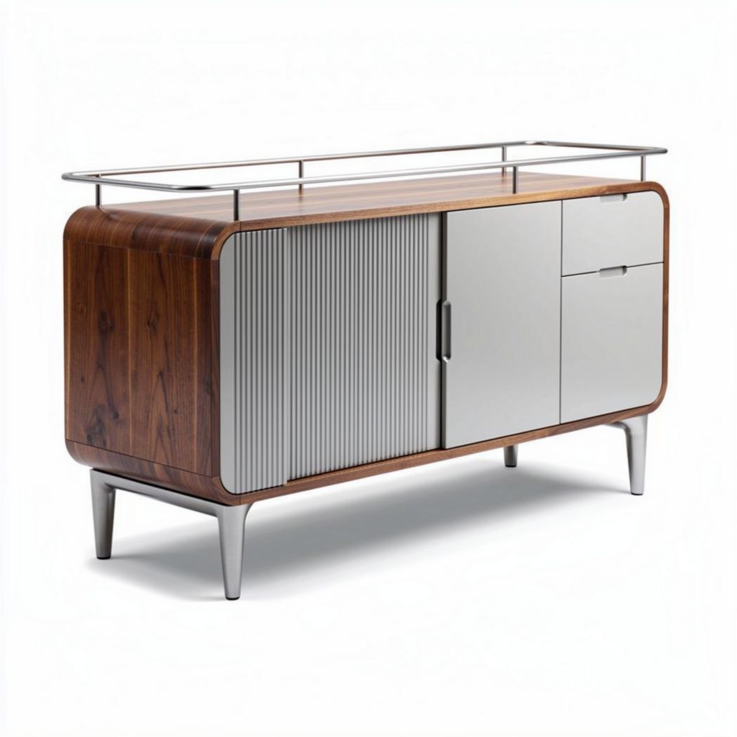 Moderne houten kast met roestvrijstalen afwerking 150 x 45 x 75cm