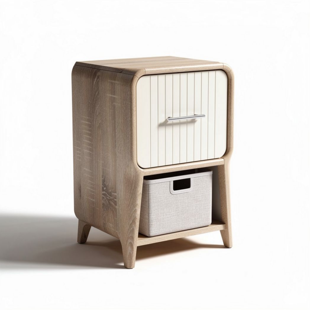 Houten nachtkastje met lade en opbergmand 40 x 40 x 60cm beige en wit