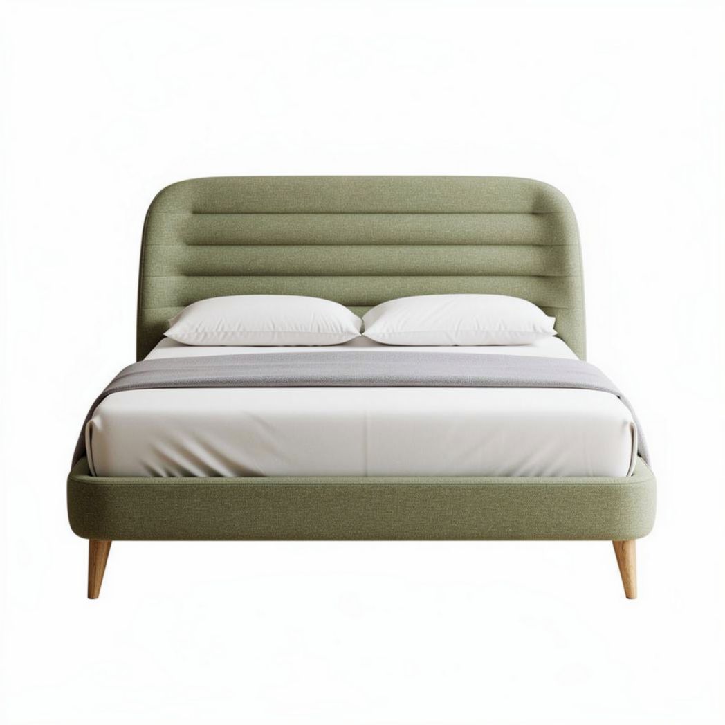 Bed met groen gestoffeerd hoofdbord en houten poten 200 x 160 x 100cm