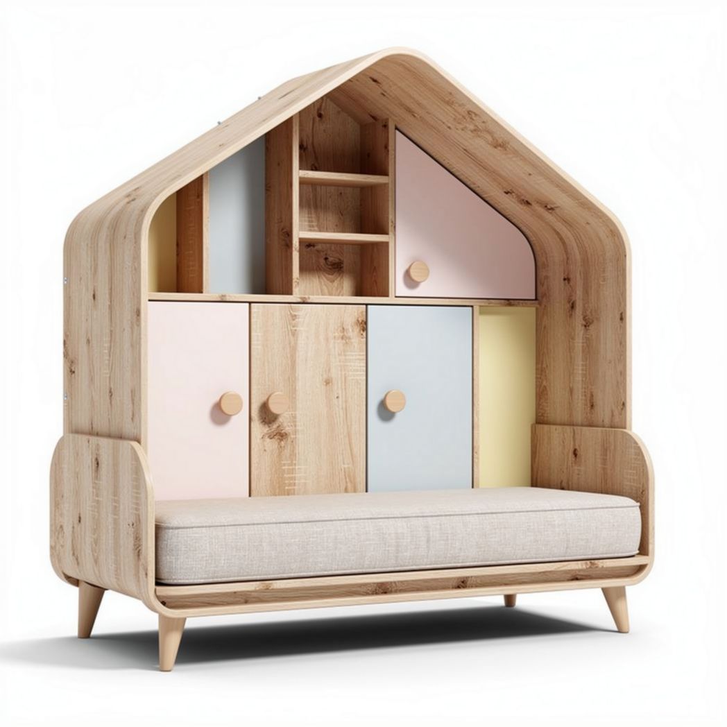 Houten kast met huisvorm en multifunctionele opbergruimte 150 x 80 x 120cm