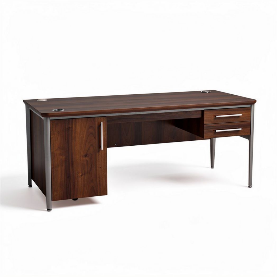 Bureau van hout in walnootafwerking met metalen poten 150 x 75 x 75cm