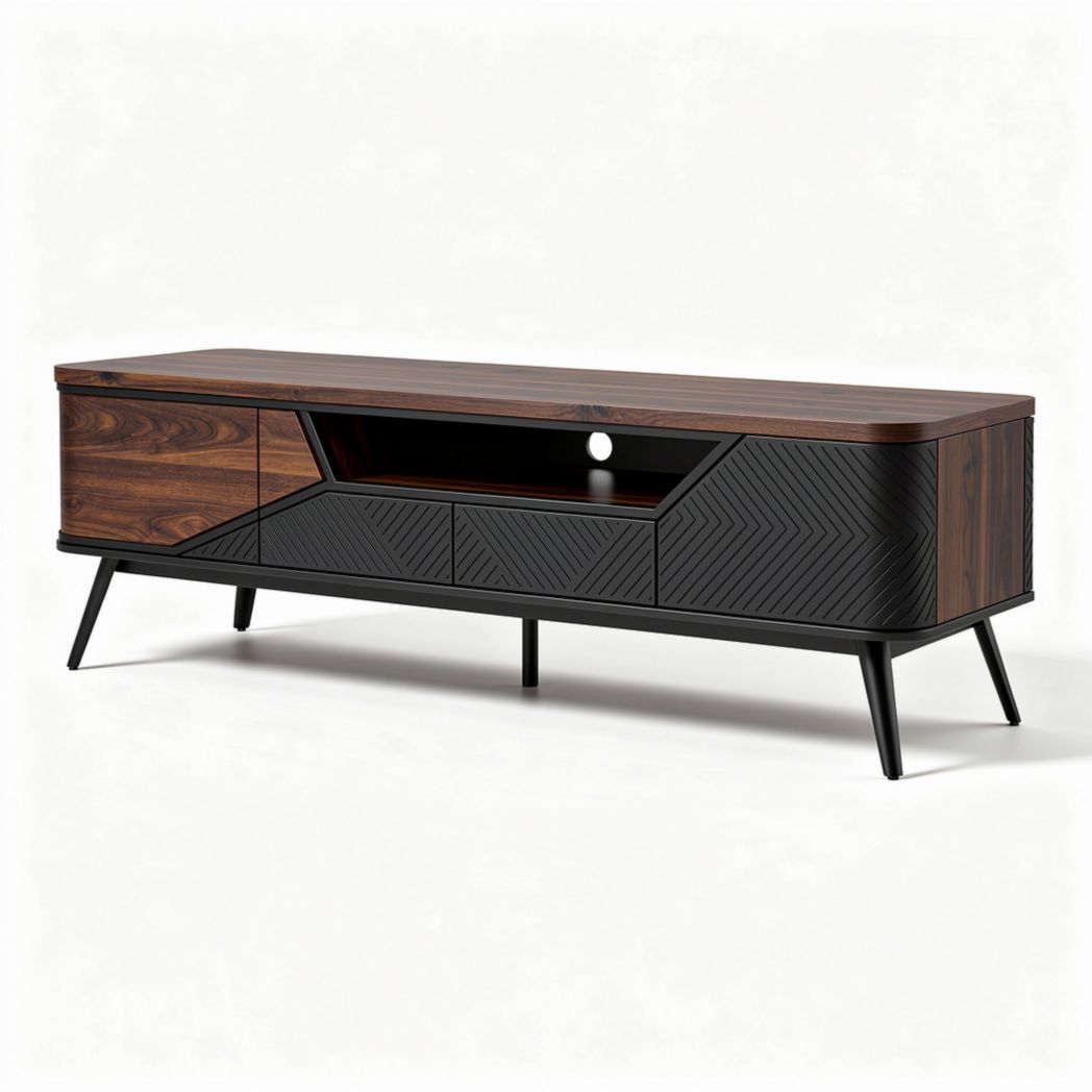 Tv-meubel van hout en spaanplaat met een afmeting van 150 x 40 x 45cm en zwarte en bruine afwerking
